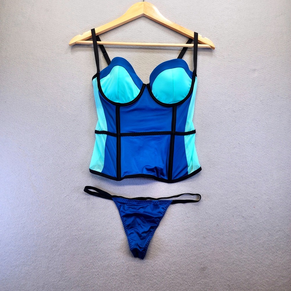 Victorias Secret Blue Colorblock Corset Bustier Top & Thong Set 34D Lingerie NWT